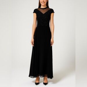 JKARA New York Women’s Formal Gown Black Beaded Bodice Overlay Maxi Dress Size 8